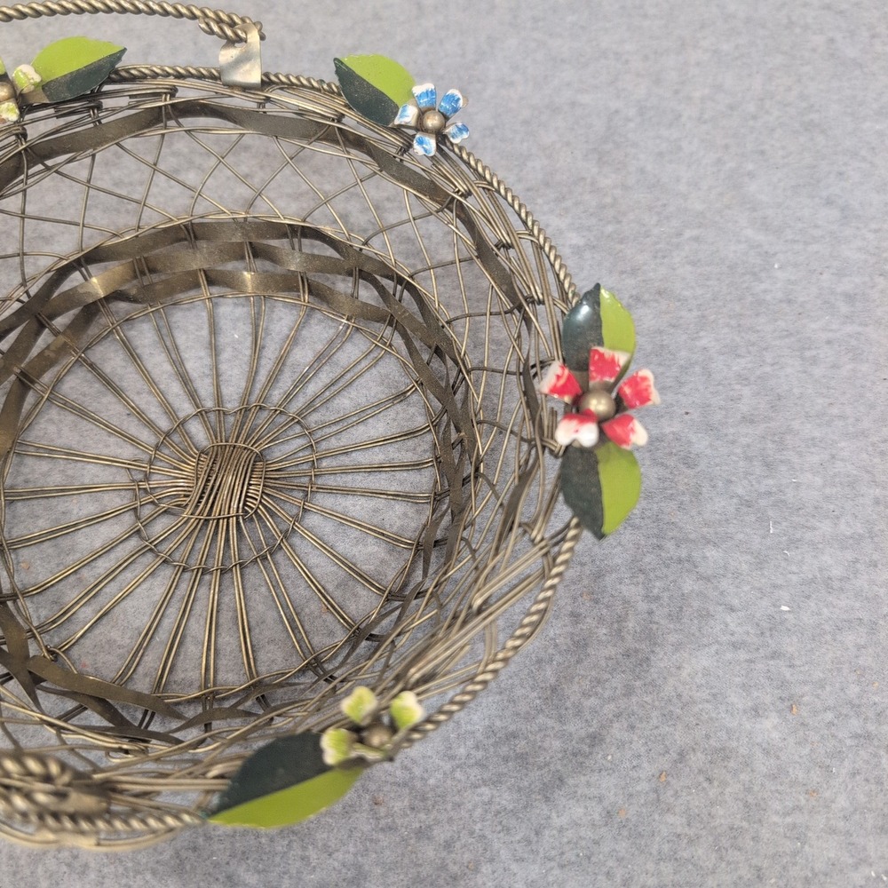 Vintage Silver Tone Woven Wire Basket with Enameled Flowers and Swing Handle - Picture 4 of 7